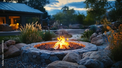 A stone fire pit burns brightly in a backyard setting, with a house and landscaping in the background.