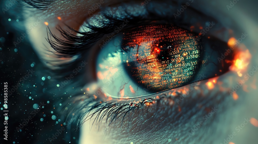 Close-up of a human eye reflecting digital data and binary code, representing the intersection of technology and human perception. Close-up of a human eye reflecting digital data and binary code, representing the intersection of technology and human perception.