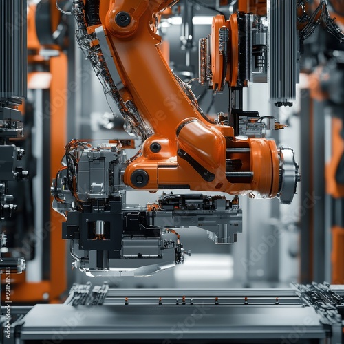 Close-up of advanced robotics arm assembling high-tech equipment in a sleek industrial environment.