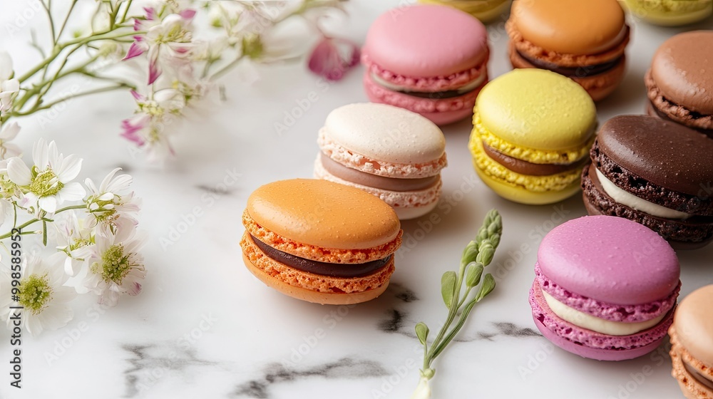 Obraz premium Close-up of colorful assorted macarons neatly arranged on a marble slab, surrounded by delicate flowers.