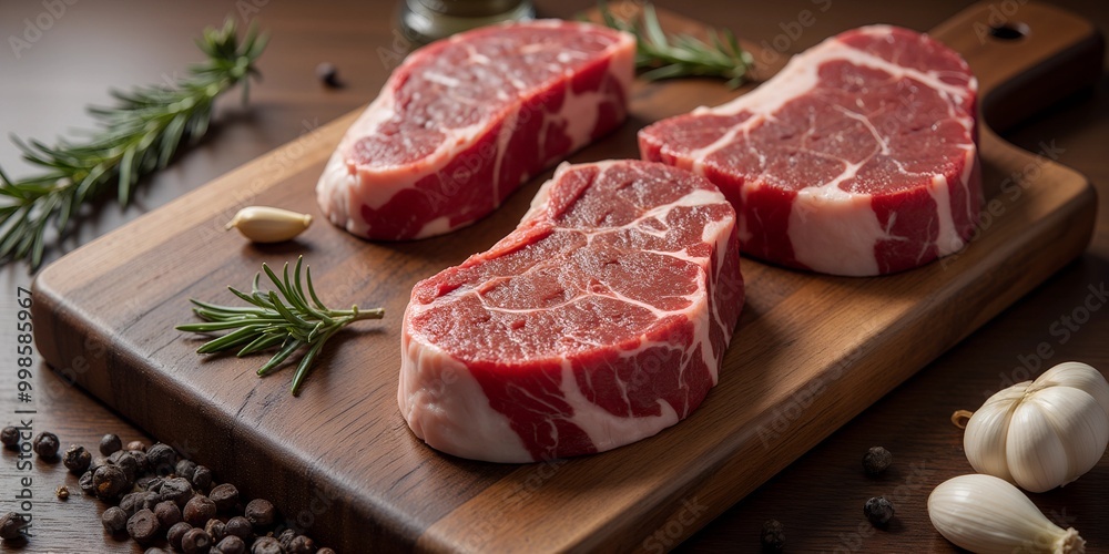 Raw steaks on a wooden board
Raw steaks on a wooden board