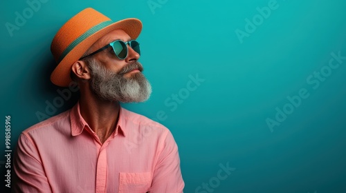 A person poses against a plain background, wearing an orange hat and a pink shirt. Their vibrant outfit creates a colorful, fashionable, and cheerful image.