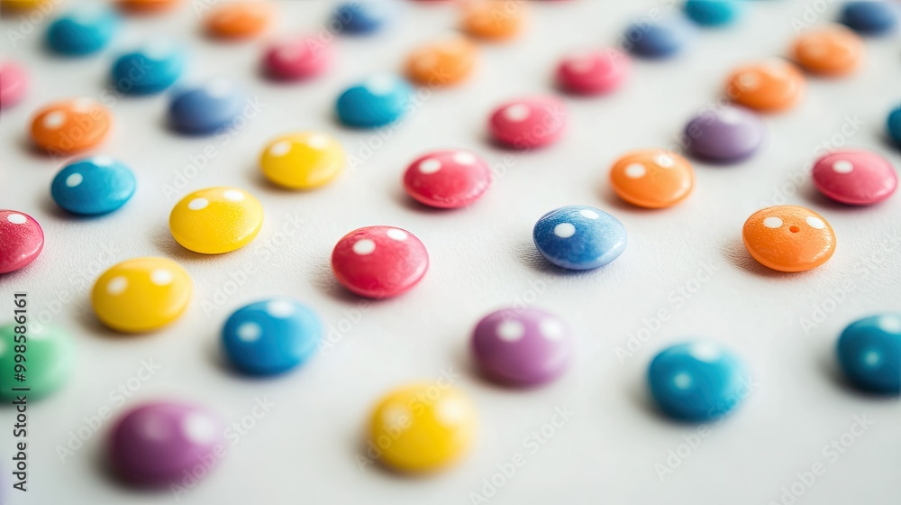 Close-up of colorful candy buttons lined up on paper, their vibrant dots forming a playful, joyful pattern Close-up of colorful candy buttons lined up on paper, their vibrant dots forming a playful, joyful pattern