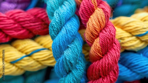 Close-up of multicolored threads forming thick rope, symbolizing collaboration and strength