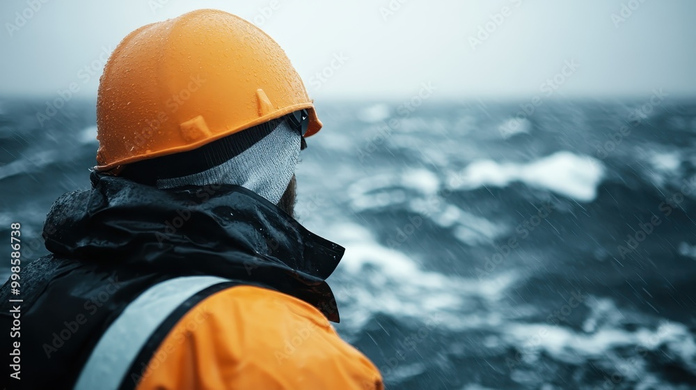 An individual wearing an orange raincoat and hard hat, facing the rough sea waves during a storm, encapsulating the intensity and challenge of seafaring life. An individual wearing an orange raincoat and hard hat, facing the rough sea waves during a storm, encapsulating the intensity and challenge of seafaring life.