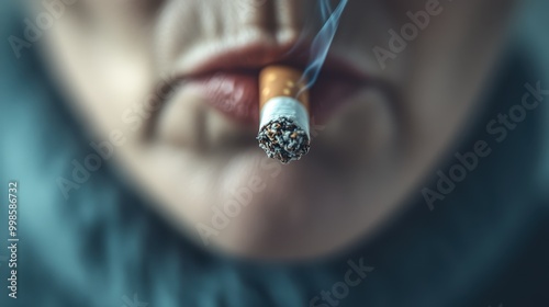 A close-up shot emphasizing the face of an elderly person smoking a cigarette, capturing the details of the lips, smoke, and the act of smoking in a candid moment. photo