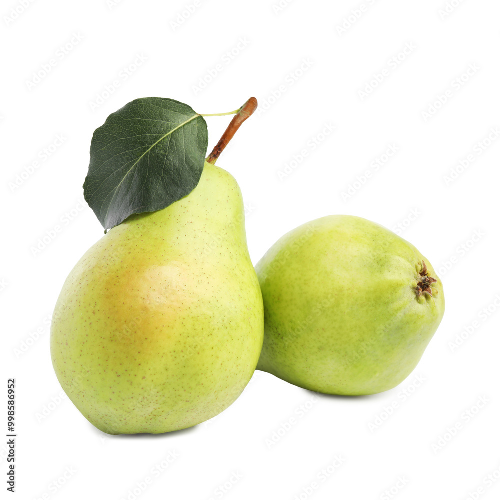 Fresh ripe pears with green leaf isolated on white Fresh ripe pears with green leaf isolated on white