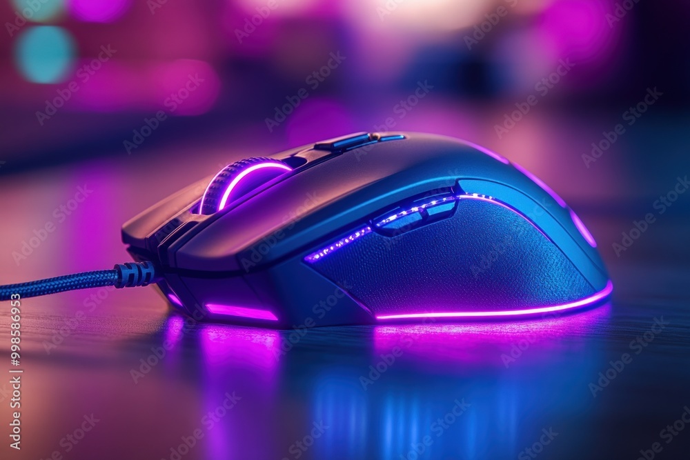 A close-up of a modern gaming mouse with RGB lighting on a wooden surface with a blurred background. A close-up of a modern gaming mouse with RGB lighting on a wooden surface with a blurred background.