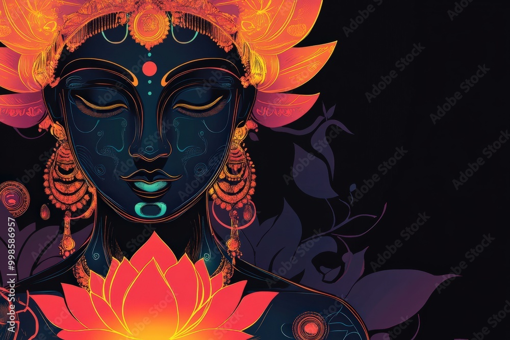 A modern abstract Lakshmi silhouette, focusing on her iconic features such as the lotus and coins, with minimal detailing and bright, contrasting colors creating a bold, contemporary effect