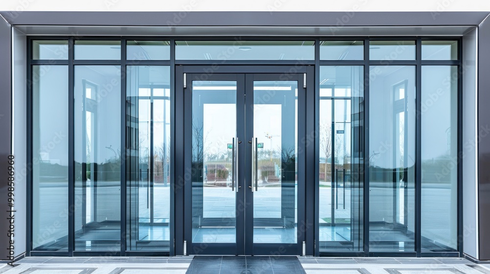 Contemporary glass door with metal frame and large vertical handle on a transparent background clipart isolate Contemporary glass door with metal frame and large vertical handle on a transparent background clipart isolate
