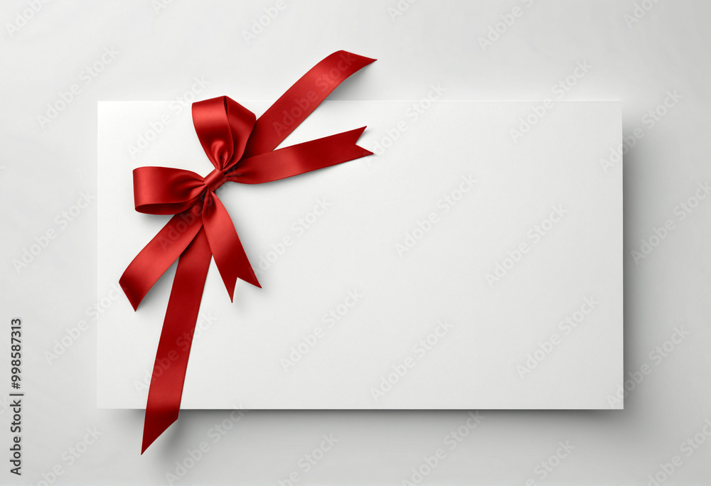A blank, clean white card with a place to write your text, decorated with a red ribbon and a bow. A blank, clean white card with a place to write your text, decorated with a red ribbon and a bow.