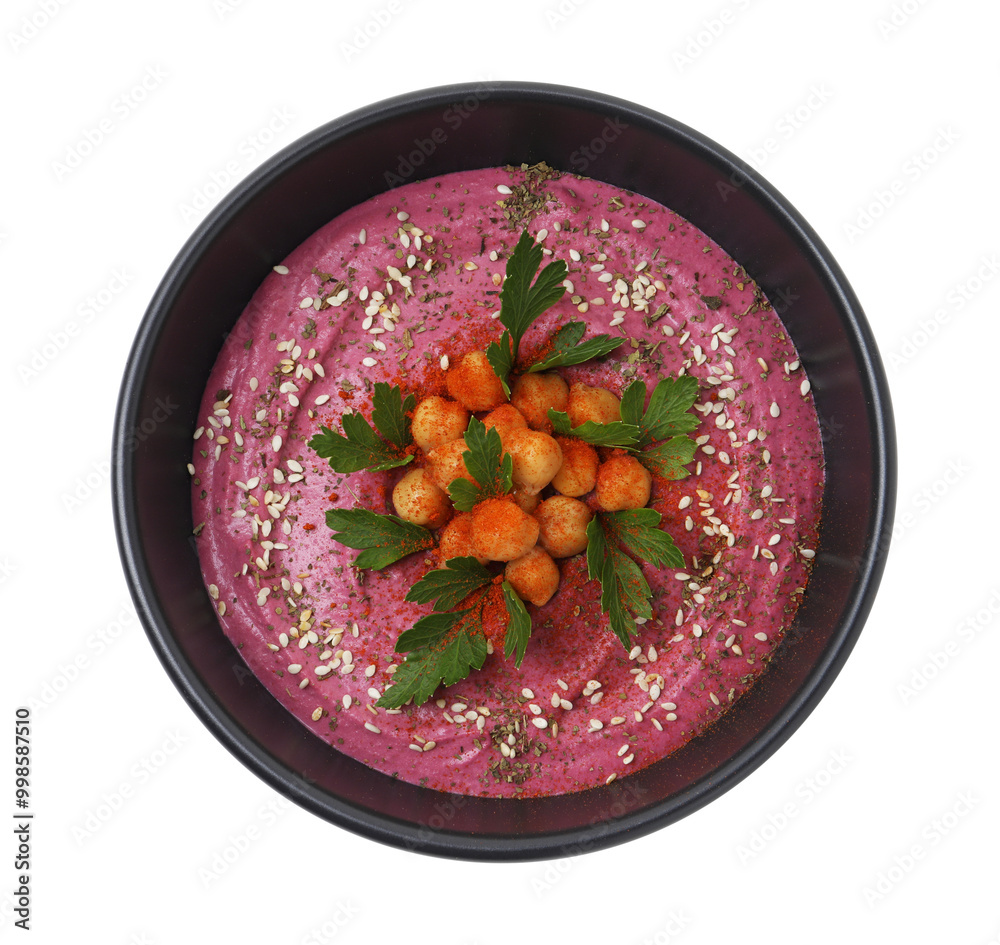 Tasty beetroot hummus and chickpeas in bowl isolated on white, top view Tasty beetroot hummus and chickpeas in bowl isolated on white, top view