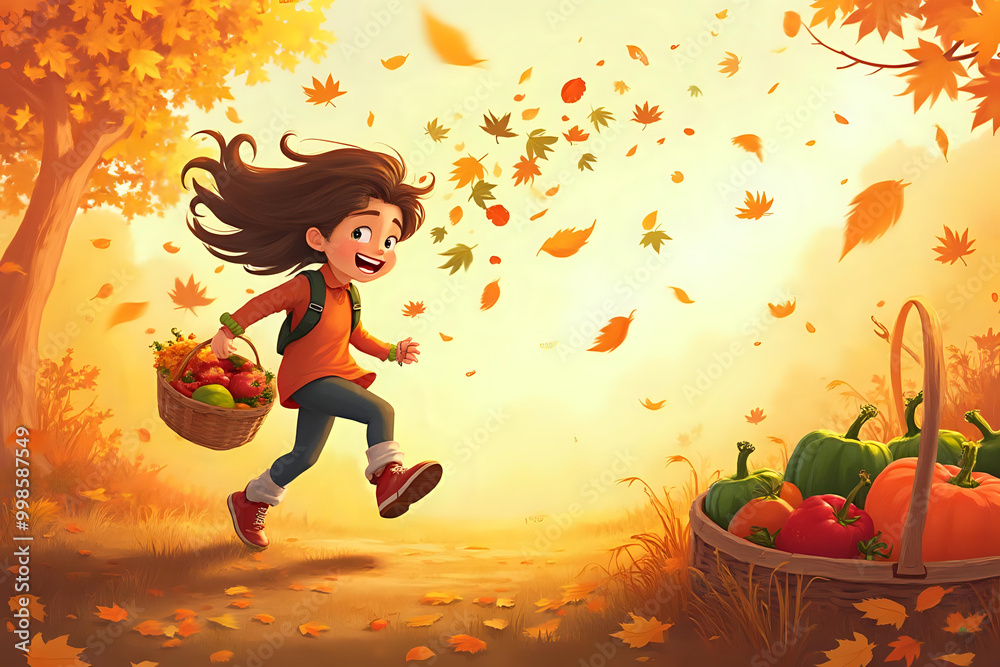 Excited girl running with harvest basket amidst swirling autumn leaves Excited girl running with harvest basket amidst swirling autumn leaves
