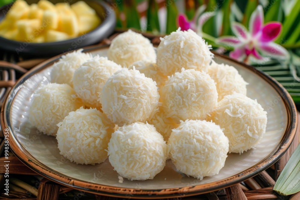 A plate of white colored round balls made from coconut and pineapple, on the background is yellow glowing lights and pine trees. The dessert looks delicious and vibrant. A plate of white colored round balls made from coconut and pineapple, on the background is yellow glowing lights and pine trees. The dessert looks delicious and vibrant.
