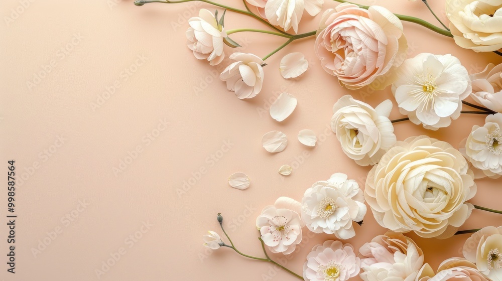 Elegant wedding invitation with flowers, flat lay mockup, pastel colors, copy space. Elegant wedding invitation with flowers, flat lay mockup, pastel colors, copy space.