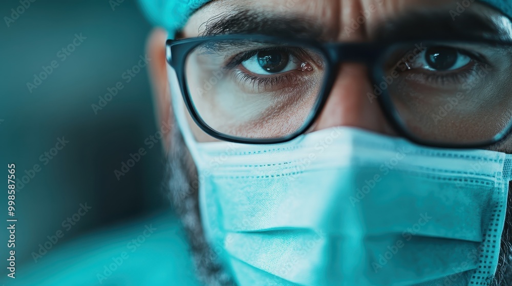 A focused member of the surgical team wearing glasses and a surgical cap, representing the precision, care, and commitment required in healthcare professions. A focused member of the surgical team wearing glasses and a surgical cap, representing the precision, care, and commitment required in healthcare professions.