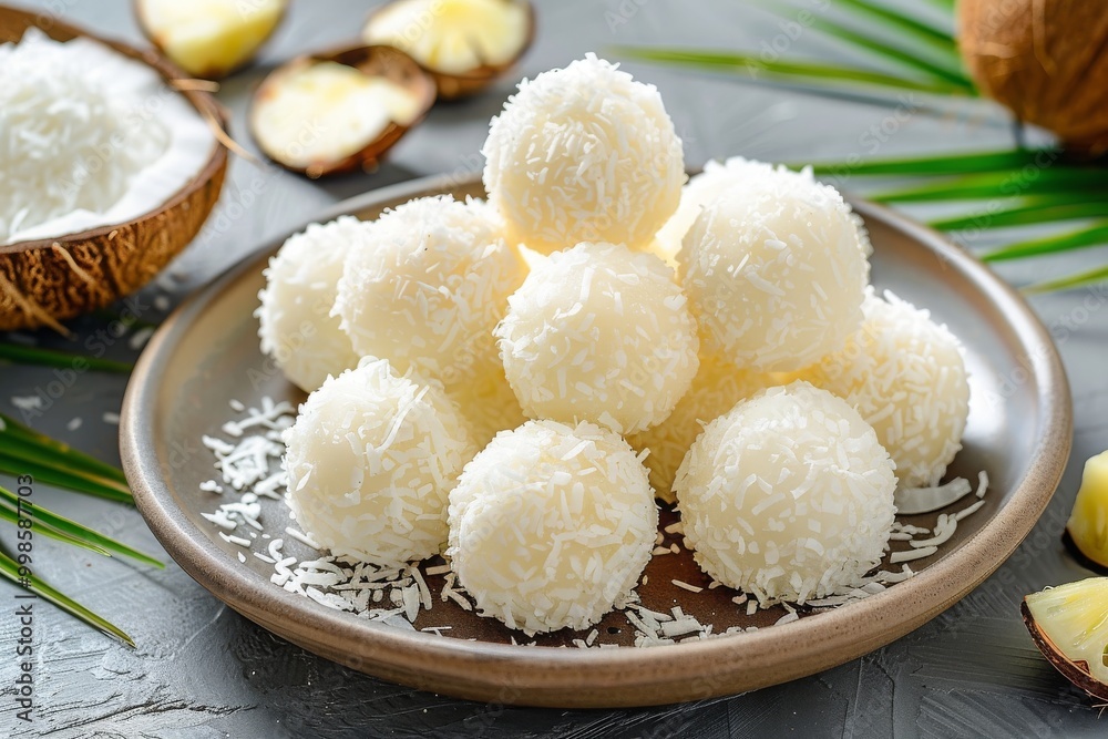 A plate of white colored round balls made from coconut and pineapple, on the background is yellow glowing lights and pine trees. The dessert looks delicious and vibrant. A plate of white colored round balls made from coconut and pineapple, on the background is yellow glowing lights and pine trees. The dessert looks delicious and vibrant.