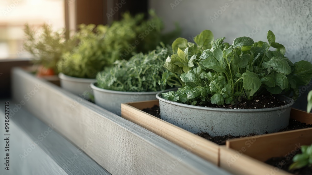 A vibrant indoor herb garden with various green herbs growing in pots, neatly arranged on a wooden shelf, bringing freshness and nature indoors. A vibrant indoor herb garden with various green herbs growing in pots, neatly arranged on a wooden shelf, bringing freshness and nature indoors.