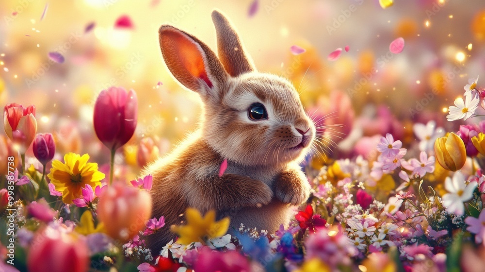 Easter bunny in a vibrant spring flower garden
