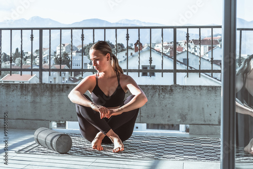 Workout.Fit,Gym sports workout outdoor urban.Fit,gym motivation,wellness.Woman exercising outdoors sea.Health,nature,fitness,eco fit.mental health.exercise, physical health,gym nature,fitness urban photo