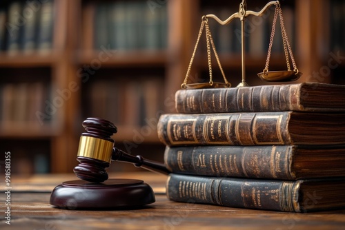 Gavel, scales of justice and old law books on wooden table.