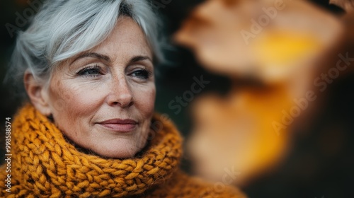 An elderly woman in a mustard knit scarf enjoys a serene moment, capturing the essence of peaceful introspection in the calm autumn setting.