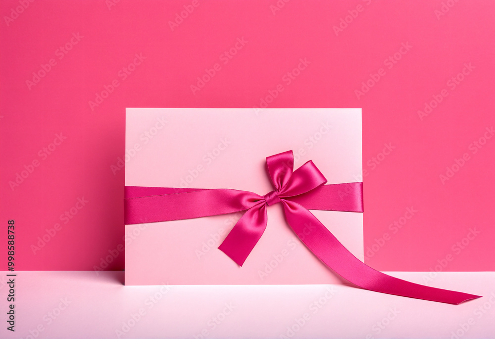 Blank, clean pink card with space for text decorated with a pink ribbon Blank, clean pink card with space for text decorated with a pink ribbon
