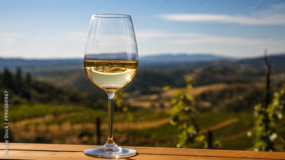 Close-up of a wine glass with white wine against a blurred vineyard background Close-up of a wine glass with white wine against a blurred vineyard background