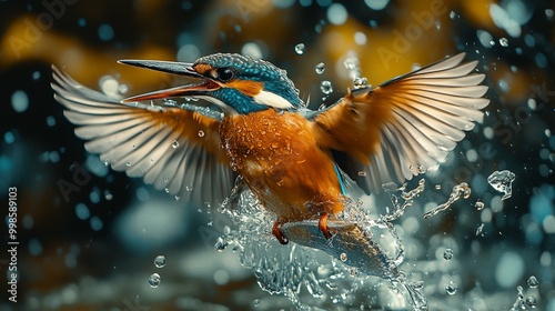 an Kingfisher in mid-action catching a fish, with vivid details and dynamic motion.