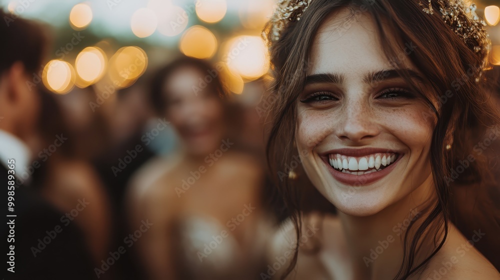 A radiant bride, adorned with a delicate tiara, smiles surrounded by a festive crowd, evoking themes of celebration, love, and unity under glowing lights. A radiant bride, adorned with a delicate tiara, smiles surrounded by a festive crowd, evoking themes of celebration, love, and unity under glowing lights.