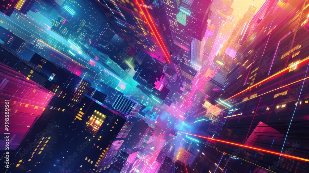 Obraz premium Vibrant abstract neon geometric structures in cyberspace capturing futuristic digital art themes