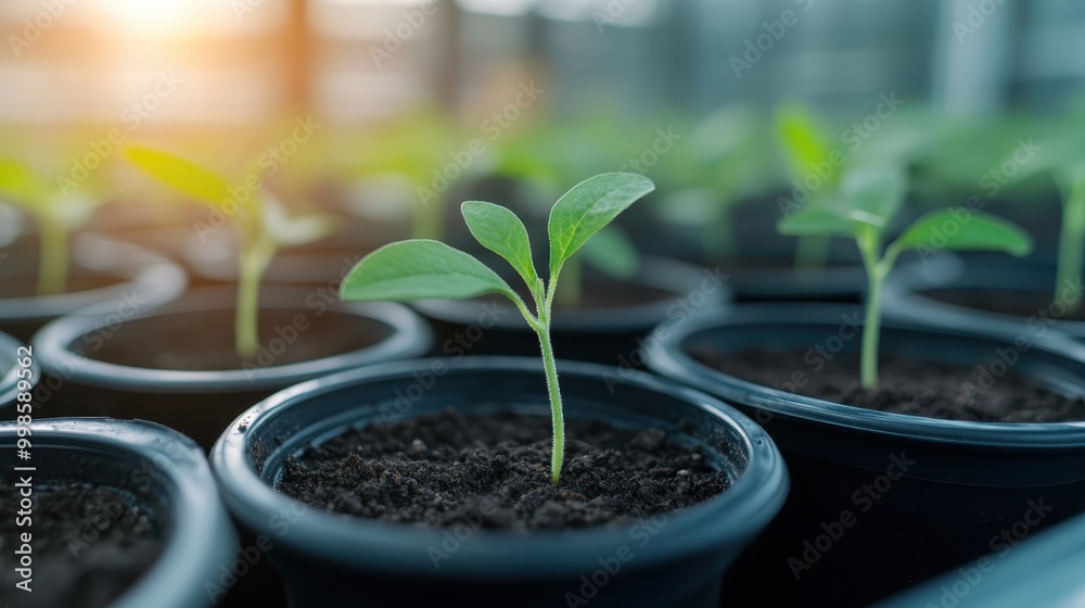 Image of seedlings growing in small black pots inside a greenhouse, illuminated by natural light, showcasing the importance of controlled environments for plant growth and nurturing. Image of seedlings growing in small black pots inside a greenhouse, illuminated by natural light, showcasing the importance of controlled environments for plant growth and nurturing.