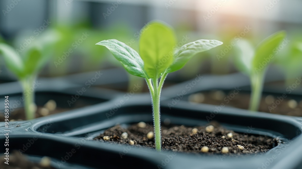 Multiple bright green seedlings shown growing in trays within a greenhouse filled with natural light, representing the early stages of plant development and careful nurturing. Multiple bright green seedlings shown growing in trays within a greenhouse filled with natural light, representing the early stages of plant development and careful nurturing.