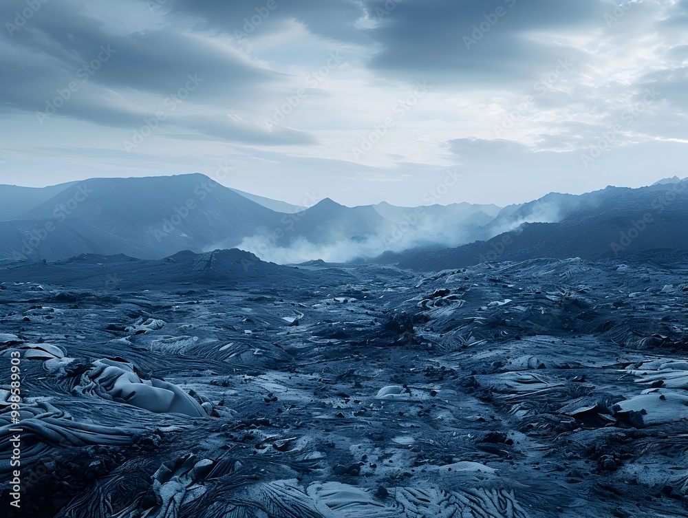 Desolate Volcanic Landscape with Perpetual Darkness and Distant Eruptions Desolate Volcanic Landscape with Perpetual Darkness and Distant Eruptions