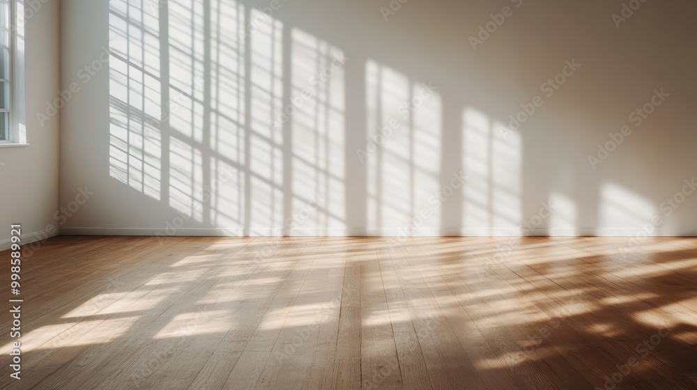 An empty room featuring light bouncing through large windows, casting intricate shadows on the polished wooden floor, highlighting the tranquility of the space. An empty room featuring light bouncing through large windows, casting intricate shadows on the polished wooden floor, highlighting the tranquility of the space.