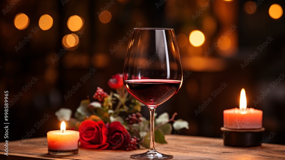 A wine glass with red wine and a lit candle in the background
