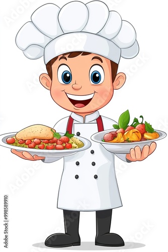 Animated chefs busy cooking, waiters smiling as they carry trays of fast food in a bustling cartoon restaurant.