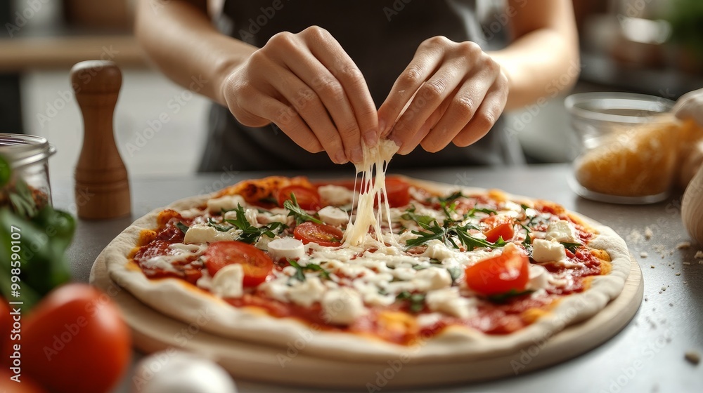 Close-up of a woman spreading cheese on pizza at a gray table Close-up of a woman spreading cheese on pizza at a gray table