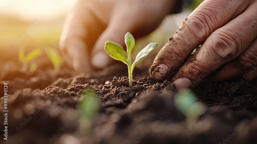 A vivid photo showcasing a small plant sprouting in rich soil while nurturing hands provide care, signifying growth, potential, and the nurturing aspect of nature. A vivid photo showcasing a small plant sprouting in rich soil while nurturing hands provide care, signifying growth, potential, and the nurturing aspect of nature.