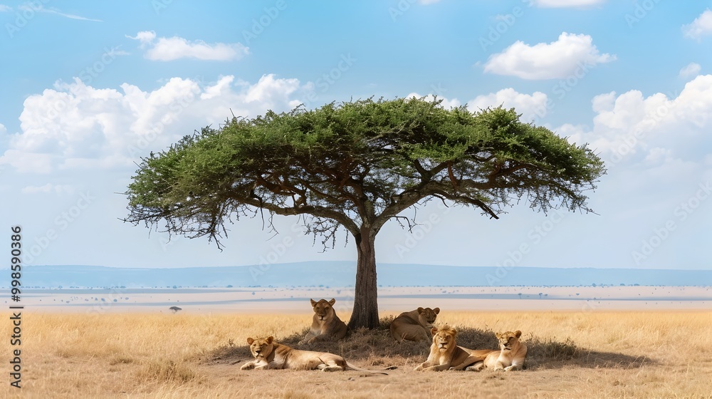 Fototapeta premium Pride of Lions Resting Under Solitary Tree in Vast Dry Landscape