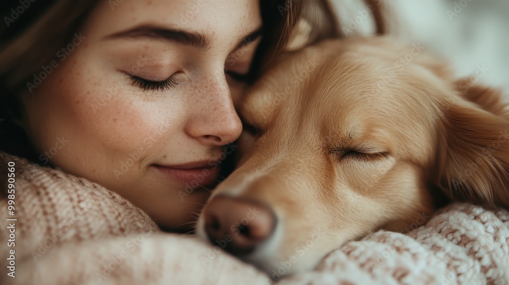 A close-up shot capturing a woman and her dog in a tranquil embrace; both subjects share a gentle moment, filled with affection and peaceful coexistence. A close-up shot capturing a woman and her dog in a tranquil embrace; both subjects share a gentle moment, filled with affection and peaceful coexistence.