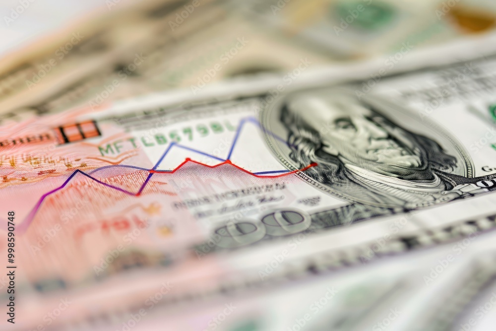 Red stock market chart increasing over benjamin franklin on one hundred dollar bill Red stock market chart increasing over benjamin franklin on one hundred dollar bill