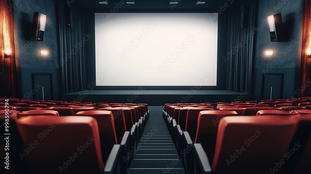 Row of seats and wide format mock up blank screen with stage Row of seats and wide format mock up blank screen with stage