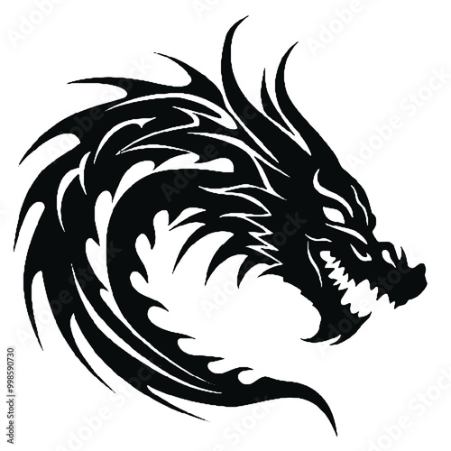 tribal dragon silhouette tattoo design, vector illustration