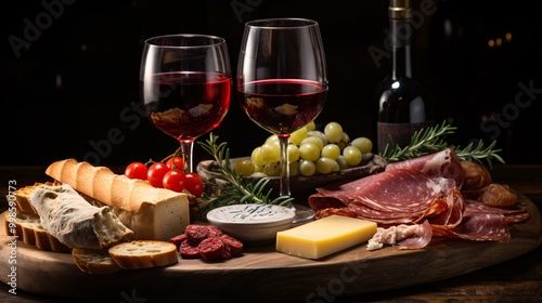 A wine glass with red wine and a charcuterie board