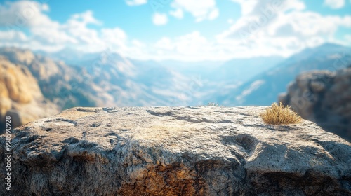 A serene mountain landscape featuring a rocky outcrop, vibrant sky, and distant hills, perfect for nature-themed projects, mockup for product presentation.