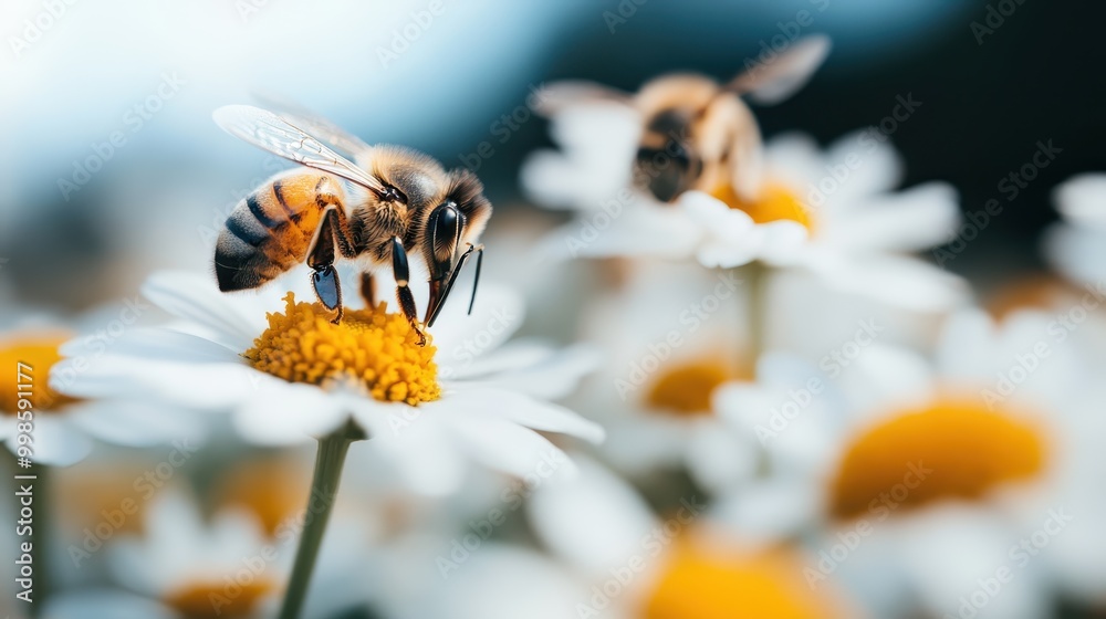 Close-up shot of bees perched on white daisies with bright yellow centers, located in a sunlit meadow. The image captures the beauty of nature and pollination. Close-up shot of bees perched on white daisies with bright yellow centers, located in a sunlit meadow. The image captures the beauty of nature and pollination.