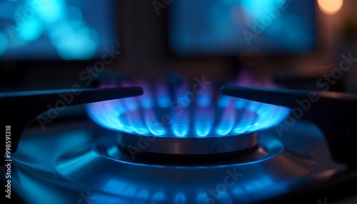 A close-up view of a gas stove burner with a blue flame, set against a blurred background of electronic displays created with generative ai