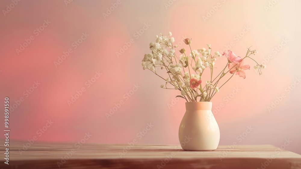 Interior design banner with minimalist vase of flowers on wooden table, gradient background Interior design banner with minimalist vase of flowers on wooden table, gradient background