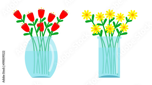 Flower in vase set. Bouquet of yellow daisy chamomile red tulip flowers collection. Transparent glass vases with blue water. Cute icon. Ceramic Pottery decoration. White background. Flat design Vector